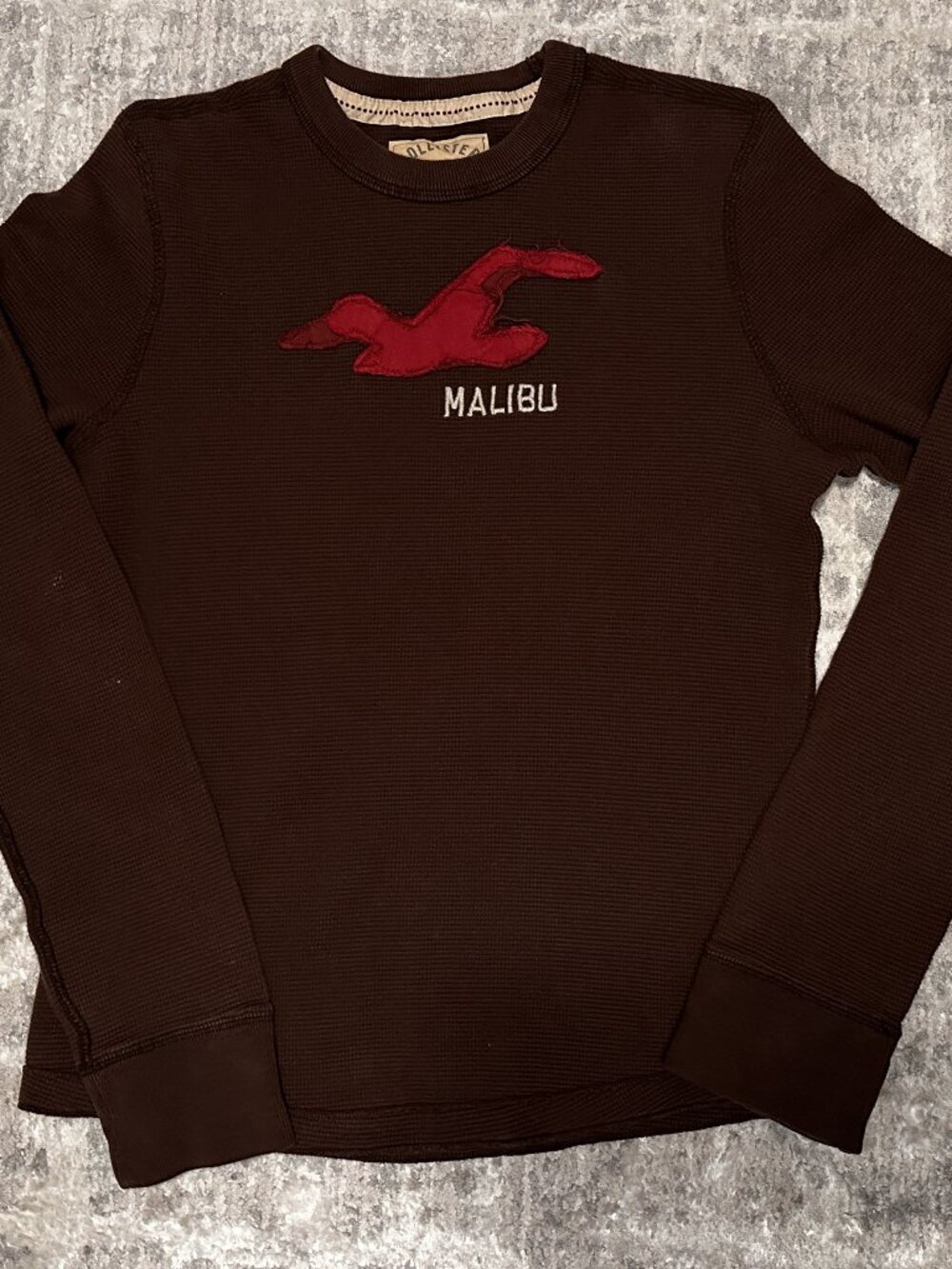 Y2K Hollister Malibu Embroidered Long Sleeve Waffle Thermal Shirt Large Brown